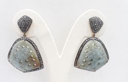 925 Sterling Silver Diamond Earring With Sapphire Stone In Black Rhodium Plating -  J-1388
