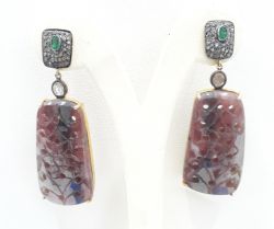 Sparkling Women 925 Sterling Silver Diamond Earring In Carving Sapphire Stone - J-1395