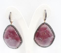 Beautiful 925 Sterling Silver Diamond Earring Studded With Ruby Stone - J-1400