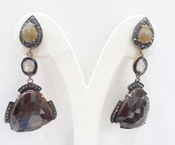 Fancy 925 Sterling Silver Diamond Earring Studded With Polki Diamond & Multi Sapphire Stone - J-1416 