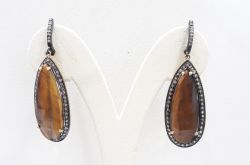 Lovely 925 Sterling Silver Diamond Earring Studded With  Tiger Eyes Stone - J-1432