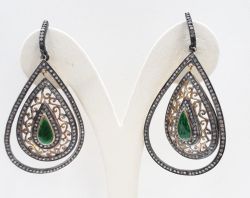 Amazing 925 Sterling Silver Diamond Earring With Emerald Stone -  J-1473