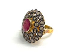 Victorian Jewelry, Diamond Ring With Rose Cut Diamond And Polki Diamond, Ruby Stone Studded  In 925 Sterling Silver Gold Plating. J-1529