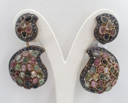 Amazing 925 Sterling Silver Diamond Earring With Rose Cut Diamond & Multi Sapphire Stone - J-1539