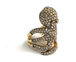 Victorian Jewelry, Silver Diamond Ring With Rose Cut Diamond And Tourmaline Stone Studded  In 925 Sterling Silver Gold, Black Rhodium Plating. J-1607