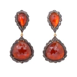 Victorian Diamond Earring With natural Hessonite Garnet In 925 Sterling Silver, Black Rhodium Plating. J-161