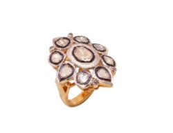 Victorian Jewelry, Silver Diamond Ring With Rose Cut Diamond And Polki Diamond Stone Studded In 925 Sterling Silver Gold, Black Rhodium  Plating. J-1791