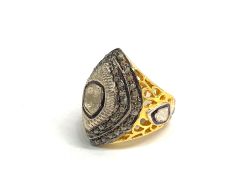 Victorian Jewelry, Silver Diamond Ring With Rose Cut Diamond And Polki Diamond Studded  In 925 Sterling Silver Gold, Black Rhodium Plating. J-1796