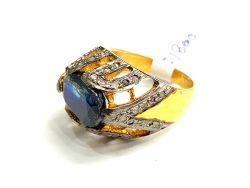 Victorian Jewelry, Silver Diamond Ring With Rose Cut Diamond And Kyanite Stone Studded  In 925 Sterling Silver Gold, Black Rhodium Plating.  J-1800