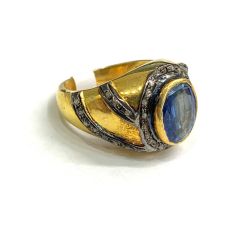 Victorian Jewelry, Silver Diamond Ring With Rose Cut Diamond, And Kyanite Stone Studded In 925 Sterling Silver Gold, Black Rhodium Plating. J-1806