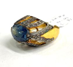 Victorian Jewelry, Silver Diamond Ring With Rose Cut Diamond And Kyanite Stone Studded  In 925 Sterling Silver Gold, Black Rhodium Plating. J-1819