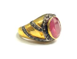 Victorian Jewelry, Silver Diamond Ring With Rose Cut Diamond And Emerald Stone Studded In 925 Sterling Silver Gold, Black Rhodium Plating. J-1943
