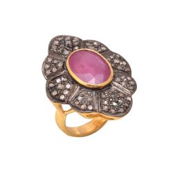 Victorian Jewelry, Silver Diamond Ring With Rose Cut Diamond And Ruby Stone Studded In 925 Sterling Silver Gold, Black Rhodium Plating. J-1849
