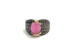 Victorian Jewelry, Silver Diamond Ring With Rose Cut Diamond And Ruby Stone Studded  In 925 Sterling Silver Gold, Black Rhodium Plating. J-1857