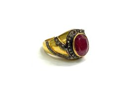 Victorian Jewelry, Silver Diamond Ring With Rose Cut Diamond, And Ruby Stone Studded  In 925 Sterling Silver Gold, Black Rhodium Plating. J-1858