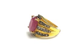 Victorian Jewelry, Silver Diamond Ring With Rose Cut Diamond And Ruby Stone Studded  In 925 Sterling Silver Gold, Black Rhodium Plating. J-1860