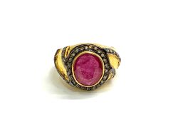 Victorian Jewelry, Silver Diamond Ring With Rose Cut Diamond And Ruby Stone Studded In 925 Sterling Silver Gold, Black Rhodium Plating. J-1863