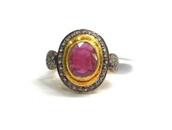 Victorian Jewelry, Silver Diamond Ring With Rose Cut Diamond And Ruby Stone Studded  In 925 Sterling Silver Gold, Black Rhodium Plating. J-1865