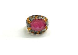 Victorian Jewelry, Silver Diamond Ring With Rose Cut Diamond  And Ruby Stone Studded In 925 Sterling Silver Gold, Black Rhodium Plating. J-1867