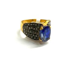 Victorian Jewelry, Silver Diamond Ring With Rose Cut Diamond Kyanite Stone Studded  In 925 Sterling Silver Gold, Black Rhodium Plating. J-1874
