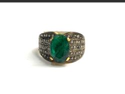 Victorian Jewelry, Silver Diamond Ring With Rose Cut Diamond Emerald Stone Studded  In 925 Sterling Silver Gold, Black Rhodium Plating. J-1876