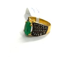 Victorian Jewelry, Silver Diamond Ring With Rose Cut Diamond Emerald Stone Studded  In 925 Sterling Silver Gold, Black Rhodium Plating. J-1879