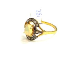 Victorian Jewelry, Silver Diamond Ring With Rose Cut Diamond And Opal Stone Studded  In 925 Sterling Silver Gold, Black Rhodium Plating. J-1882