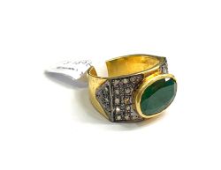 Victorian Jewelry, Silver Diamond Ring With Rose Cut Diamond And Emerald Stone Studded  In 925 Sterling Silver Gold, Black Rhodium Plating. J-1896