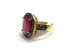 Victorian Jewelry, Silver Diamond Ring With Rose Cut Diamond And Ruby Stone Studded In 925 Sterling Silver Gold, Black Rhodium Plating. J-1898