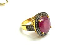 Victorian Jewelry, Silver Diamond Ring With Rose Cut Diamond And Ruby Stone Studded In 925 Sterling Silver Gold, Black Rhodium Plating. J-1901