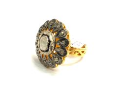 Victorian Jewelry, Silver Diamond Ring With Rose Cut Diamond And Polki Diamond Studded In 925 Sterling Silver Gold, Black Rhodium Plating. J-1904