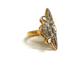 Victorian Jewelry, Silver Diamond Ring With Rose Cut Diamond And Polki Diamond Studded In 925 Sterling Silver Gold, Black Rhodium Plating. J-1907