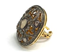 Victorian Jewelry, Silver Diamond Ring With Rose Cut Diamond, And Kyanite Stone Studded In 925 Sterling Silver Gold, Black Rhodium Plating. J-1809