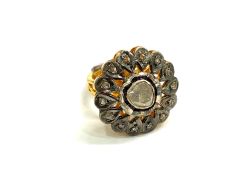 Victorian Jewelry, Silver Diamond Ring With Rose Cut Diamond And Polki Diamond Studded In 925 Sterling Silver Gold, Black Rhodium Plating. J-1915