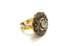 Victorian Jewelry, Silver Diamond Ring With Rose Cut Diamond And Polki Diamond Studded In 925 Sterling Silver Gold, Black Rhodium Plating. J-1916