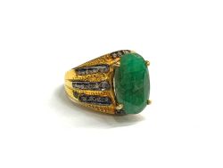 Victorian Jewelry, Silver Diamond Ring With Rose Cut Diamond And Emerald Stone Studded  In 925 Sterling Silver Gold, Black Rhodium Plating. J-1917
