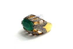Victorian Jewelry, Silver Diamond Ring With Rose Cut Diamond And Emerald Stone Studded  In 925 Sterling Silver Gold, Black Rhodium Plating. J-1918