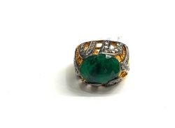 Victorian Jewelry, Silver Diamond Ring With Rose Cut Diamond And Emerald Stone Studded In 925 Sterling Silver Gold, Black Rhodium Plating.J-1924