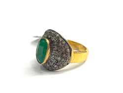 Victorian Jewelry, Silver Diamond Ring With Rose Cut Diamond And Emerald Stone Studded In 925 Sterling Silver Gold, Black Rhodium Plating. J-1928