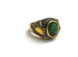 Victorian Jewelry, Silver Diamond Ring With Rose Cut Diamond And Emerald Stone Studded  In 925 Sterling Silver Gold, Black Rhodium Plating. J-1941