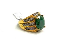 Victorian Jewelry, Silver Diamond Ring With Rose Cut Diamond And Emerald Stone Studded In 925 Sterling Silver Gold, Black Rhodium Plating. J-1942