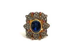 Victorian Jewelry, Silver Diamond Ring With Rose Cut Diamond And Kyanite Stone Studded  In 925 Sterling Silver Gold, Black Rhodium Plating. J-1952