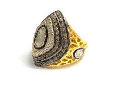 Victorian Jewelry, Silver Diamond Ring With Rose Cut Diamond And Polki Diamond  Studded In 925 Sterling Silver Gold, Black Rhodium Plating. J-1957