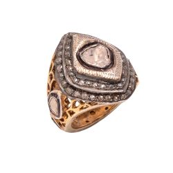 Victorian Jewelry, Silver Diamond Ring With Rose Cut Diamond And Polki Diamond Studded In 925 Sterling Silver Gold, Black Rhodium Plating. J-1965