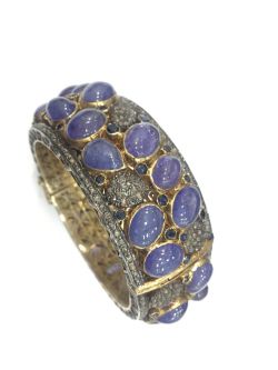 925 Sterling Silver Bangle With Natural Diamond and Tanzanite Stone - Gold , Black Rhodium -J-1973  