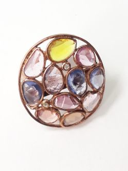 Victorian Style Diamond Ring With Natural Diamond And Multi Sapphire Stone Studded In 925 Sterling Silver, Gold Plating. J-1980.