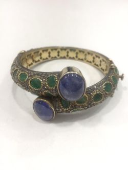  Silver Diamond Bangle With Natural Tanzanite, And Emerald - J-1980 A 
