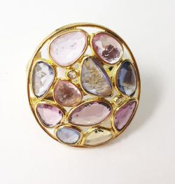 Victorian Jewellery, Silver Diamond Ring With Rose Cut Diamond And Multi Sapphire  In 925 Sterling Silver Gold Plating. J-1981