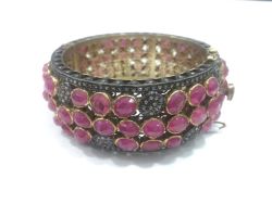 925 Sterling Silver Diamond Bangle With Rose Cut Diamond And Natural Ruby -J-1981 A 
