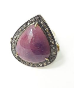 Victorian Jewellery, Silver Diamond Ring With Rose Cut Diamond And Sapphire In 925 Sterling Silver Gold, Black Rhodium Plating. J-1982